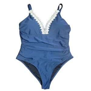 NWT Cupshe  Lace V-Neck Shirred Tummy Control One-piece Swimsuit Blue 3X Crochet